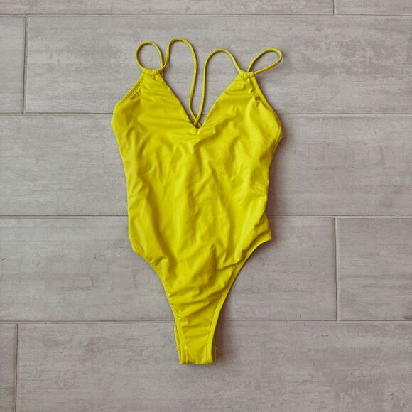 Shade & Shore Yellow Plunge Swimsuit One Piece Tie Back Cheeky Medium High Leg - Picture 1 of 10